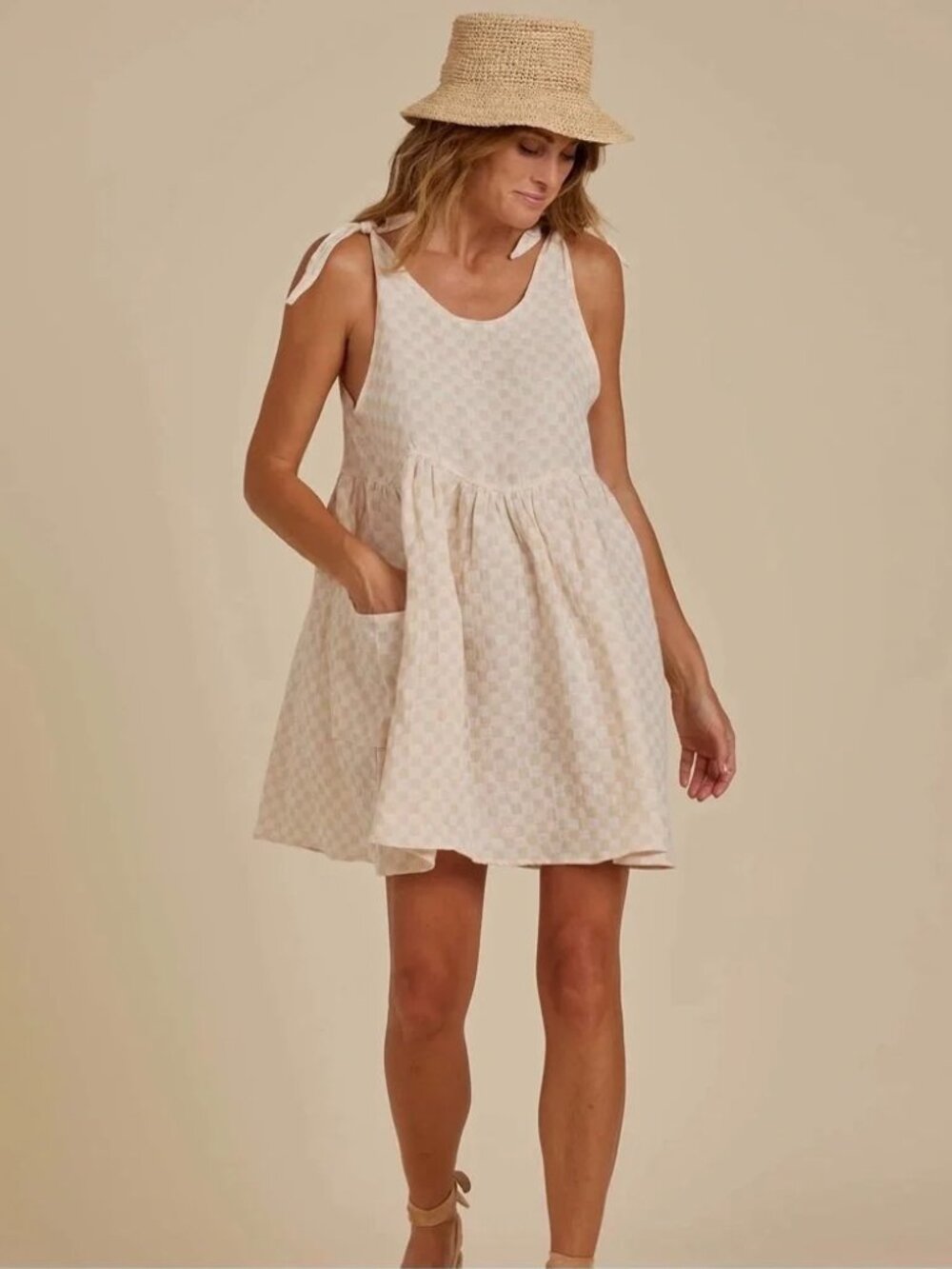 Rylee + Cru Womens Tan Check Linen Cotton Summer Mini Dress